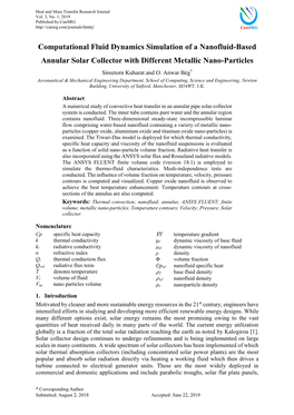 Computational Fluid Dynamics Simulation of a Nanofluid-Based Annular Solar Collector with Different Metallic Nano-Particles Sireetorn Kuharat and O