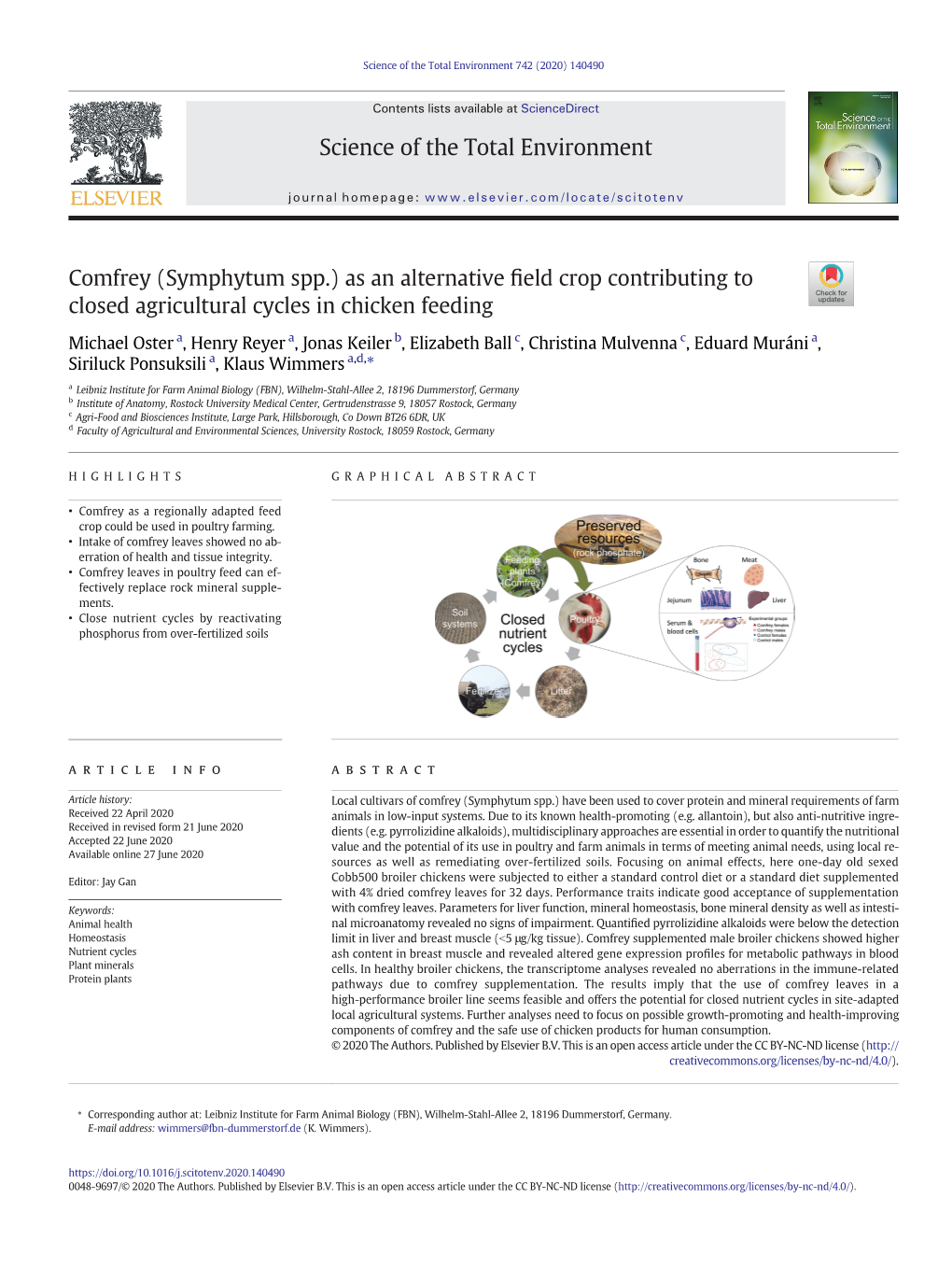 Comfrey (Symphytum Spp.) As an Alternative ﬁeld Crop Contributing to Closed Agricultural Cycles in Chicken Feeding