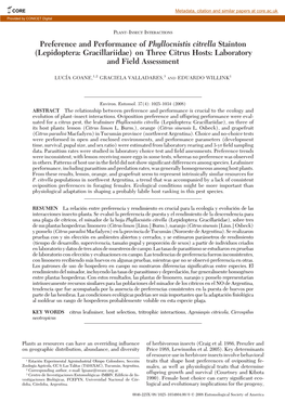 Preference and Performance of Phyllocnistis Citrella Stainton (Lepidoptera: Gracillariidae) on Three Citrus Hosts: Laboratory and Field Assessment