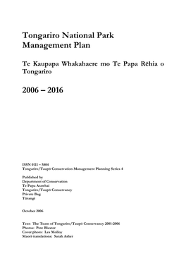 Tongariro National Park Management Plan 2006-2016