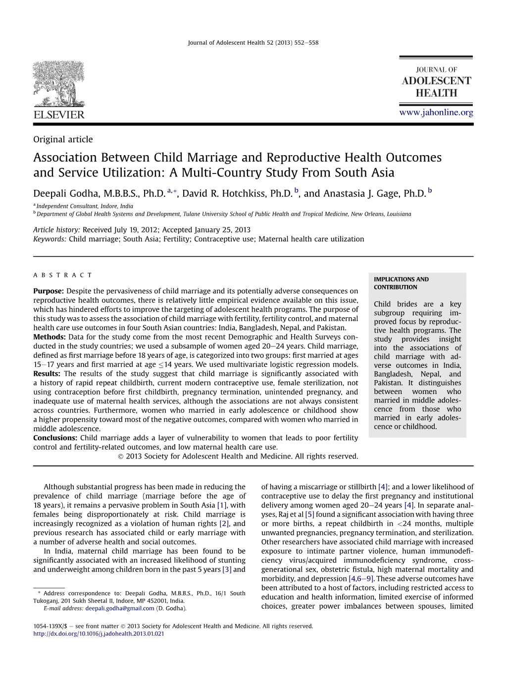 Association Between Child Marriage and Reproductive Health Outcomes and Service Utilization: a Multi-Country Study from South Asia