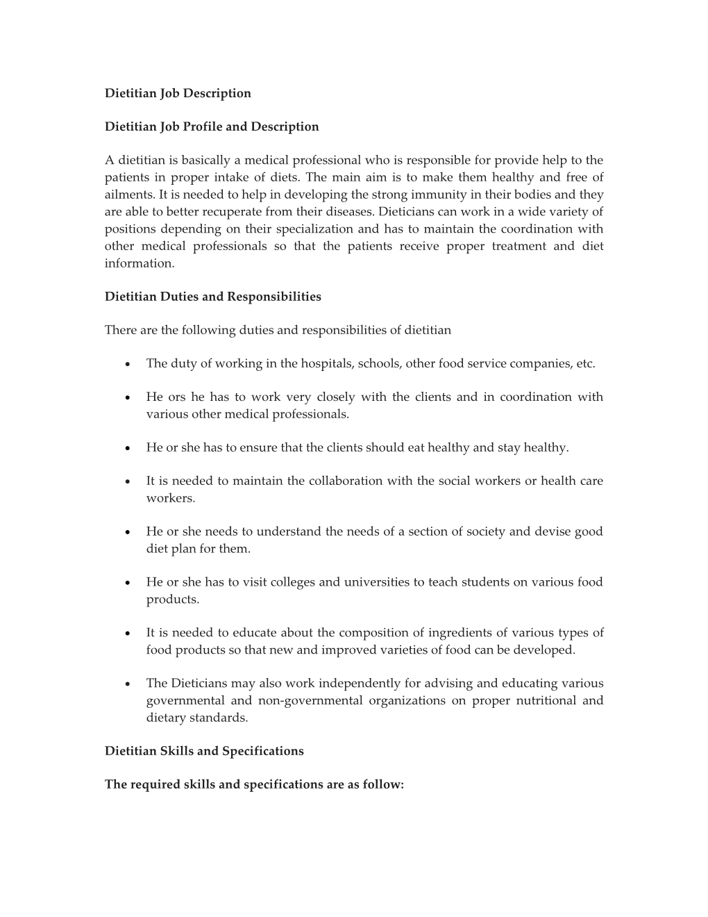 Dietitian Job Description