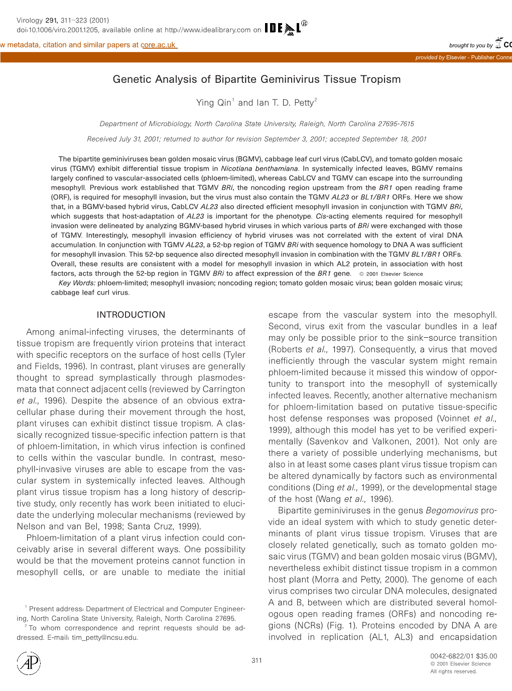 Genetic Analysis of Bipartite Geminivirus Tissue Tropism