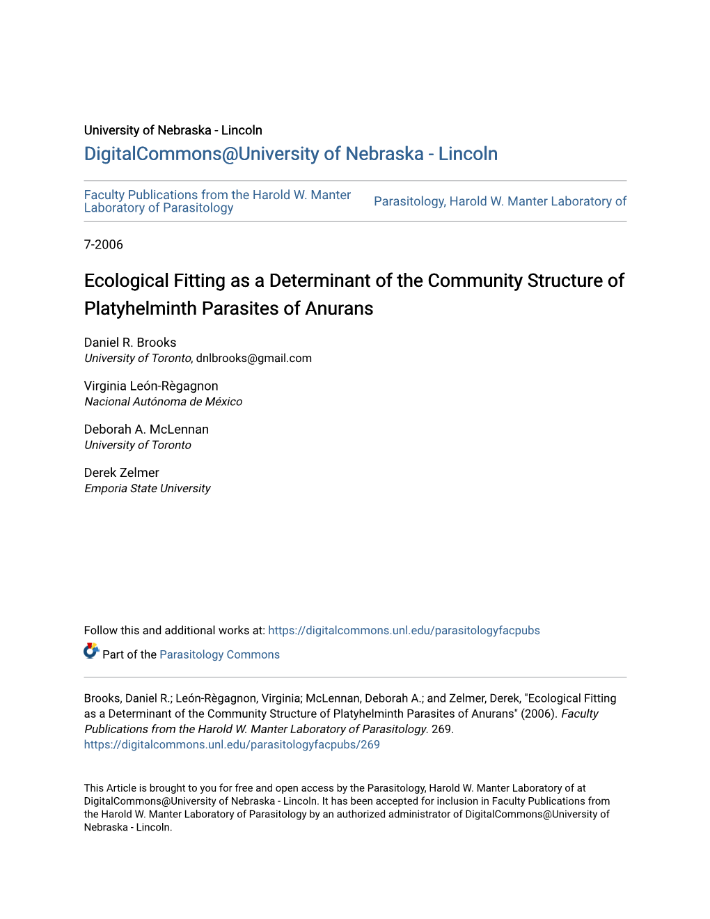 Ecological Fitting As a Determinant of the Community Structure of Platyhelminth Parasites of Anurans