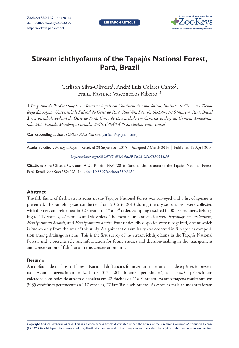 ﻿Stream Ichthyofauna of the Tapajós National Forest, Pará, Brazil