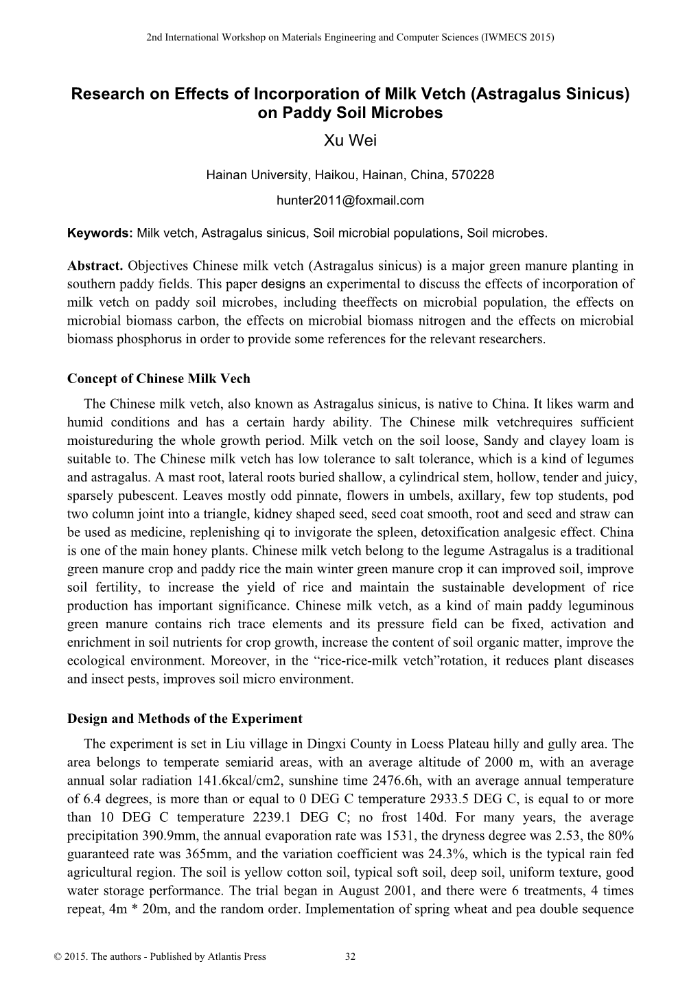 Research on Effects of Incorporation of Milk Vetch (Astragalus Sinicus) on Paddy Soil Microbes Xu Wei