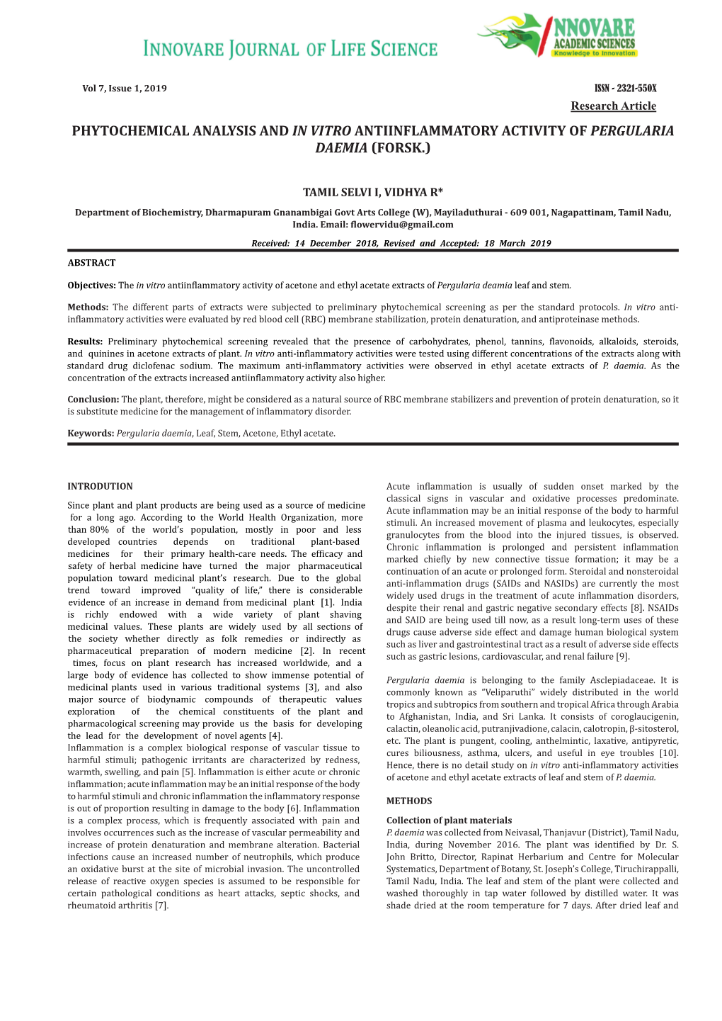 Phytochemical Analysis and in Vitro Antiinflammatory Activity of Pergularia Daemia (Forsk.)