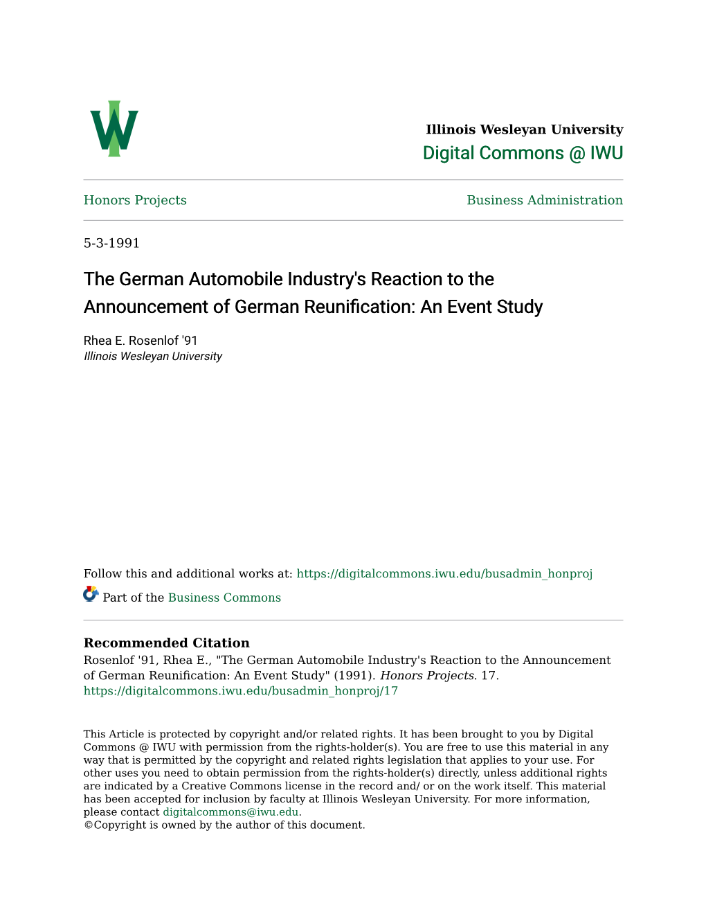 The German Automobile Industry's Reaction to the Announcement of German Reunification: an Ve Ent Study