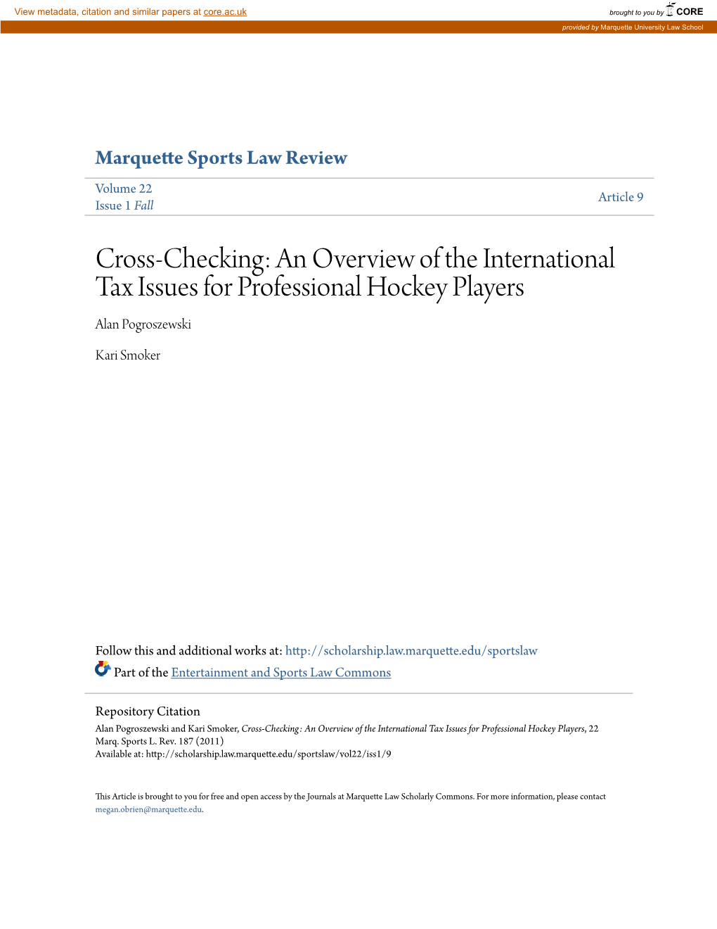 Cross-Checking: an Overview of the International Tax Issues for Professional Hockey Players Alan Pogroszewski