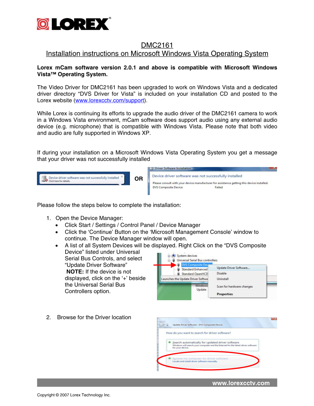 DMC2161 Installation Instructions on Microsoft Windows Vista Operating System