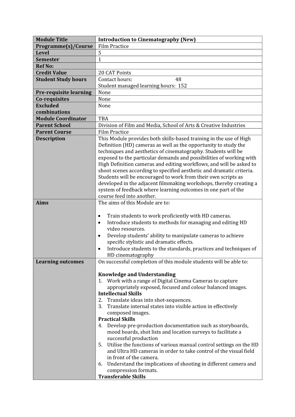 Module Title Introduction to Cinematography