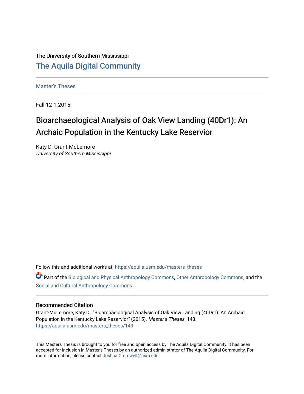 Bioarchaeological Analysis of Oak View Landing (40Dr1): an Archaic Population in the Kentucky Lake Reservior