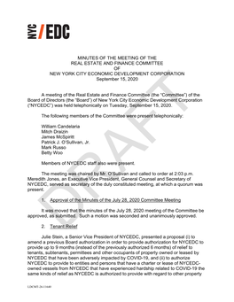 MINUTES of the MEETING of the REAL ESTATE and FINANCE COMMITTEE of NEW YORK CITY ECONOMIC DEVELOPMENT CORPORATION September 15, 2020