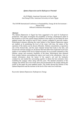 Qattara Depression and Its Hydropower Potential Aly El Shafei