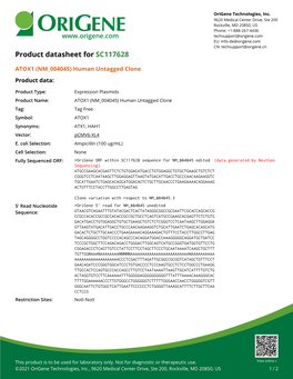 ATOX1 (NM 004045) Human Untagged Clone Product Data