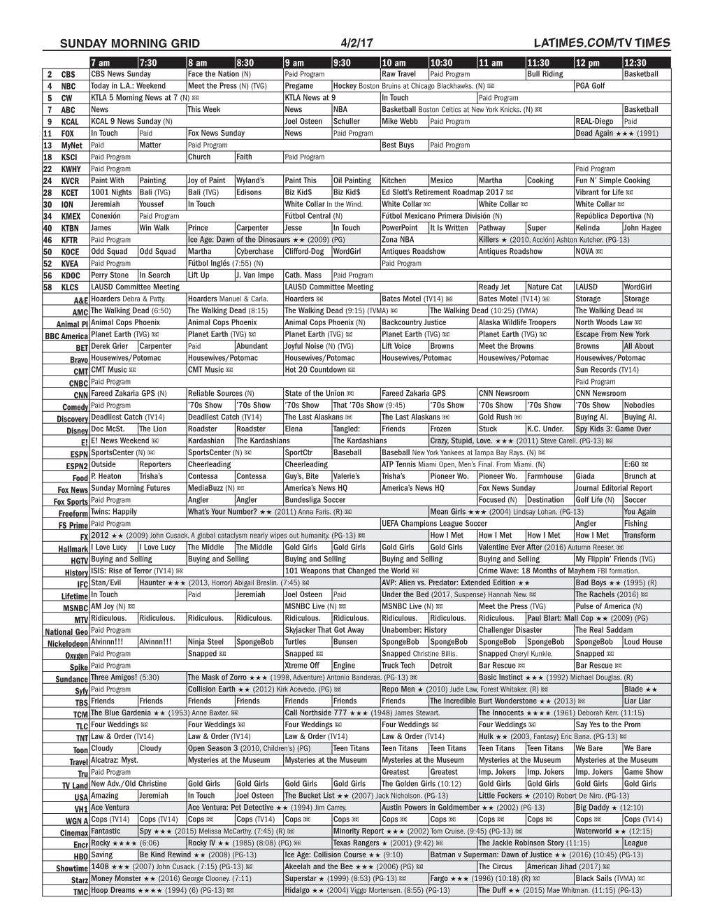 Sunday Morning Grid 4/2/17 Latimes.Com/Tv Times