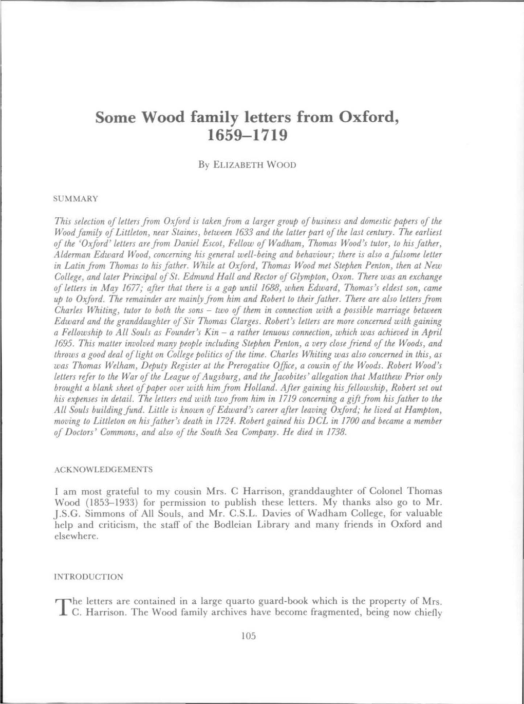 Some Wood Family Letters from Oxford, 1659-1719