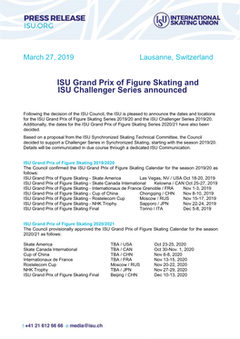 ISU Grand Prix of Figure Skating and ISU Challenger Series Announced