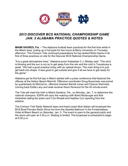 2013 Discover Bcs National Championship Game Jan. 3 Alabama Practice Quotes & Notes