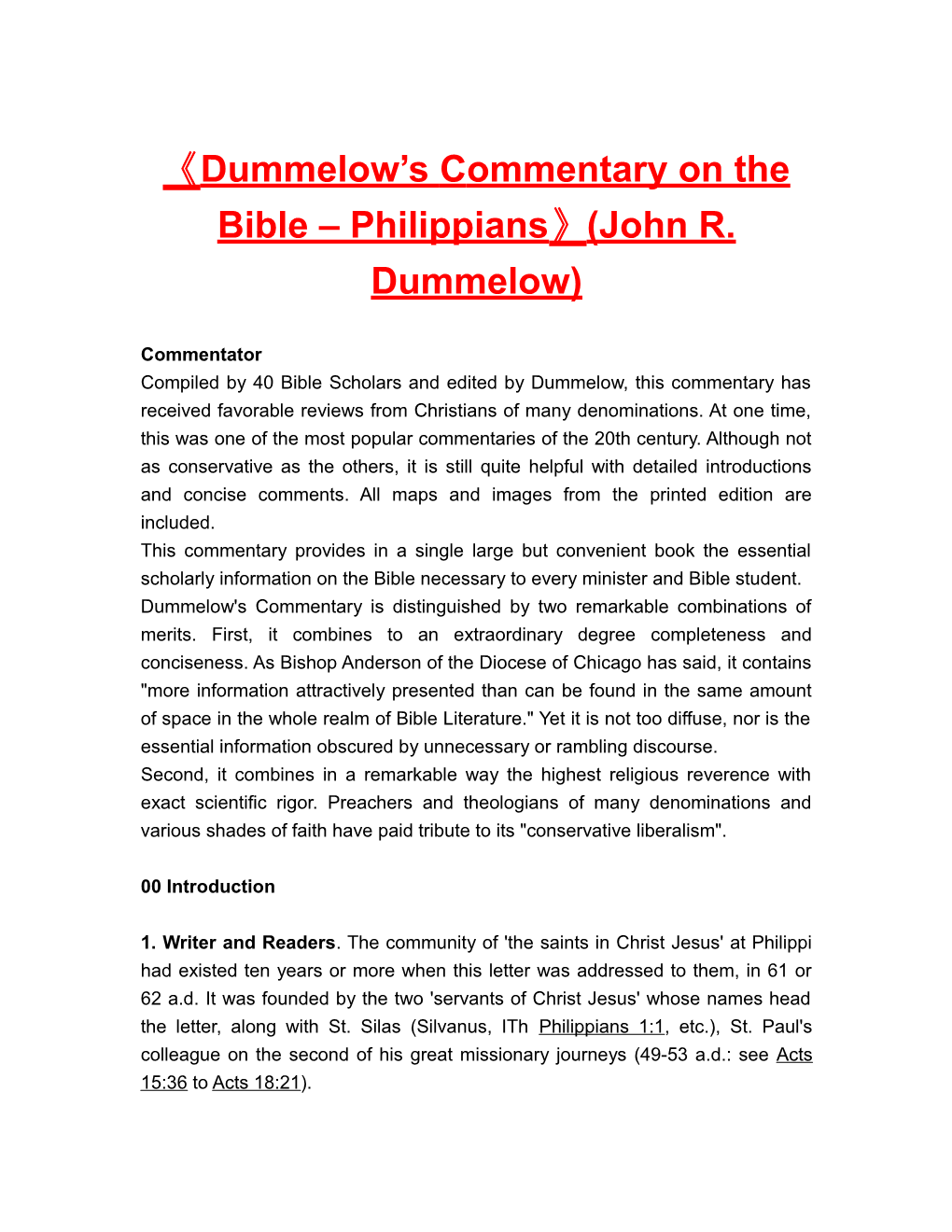 Dummelow S Commentary on the Bible Philippians (John R. Dummelow)