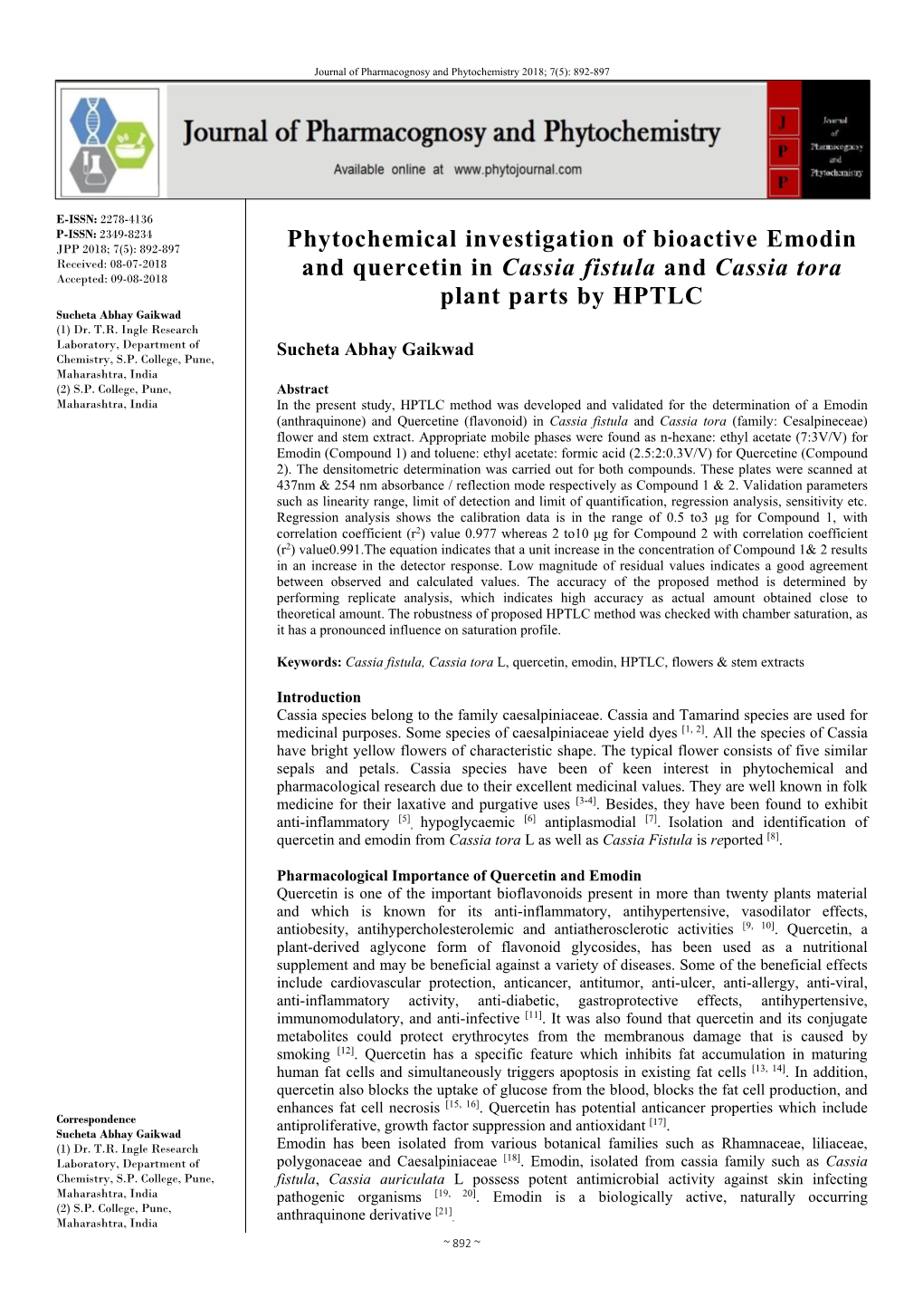 Phytochemical Investigation of Bioactive Emodin and Quercetin In