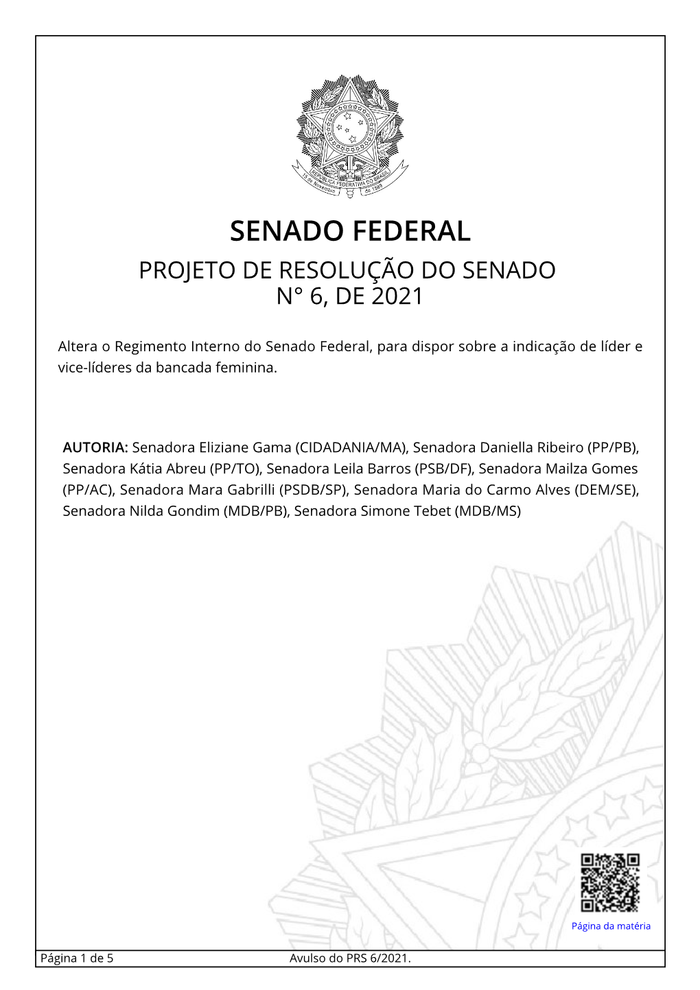 Projeto De Resolução Do Senado Nº , De 2021