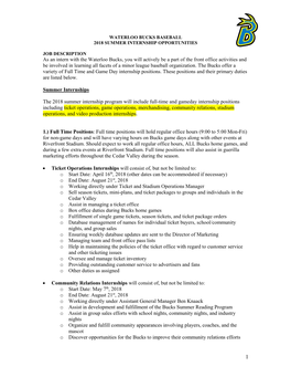 Waterloo Bucks Baseball 2018 Summer Internship Opportunities Job Description