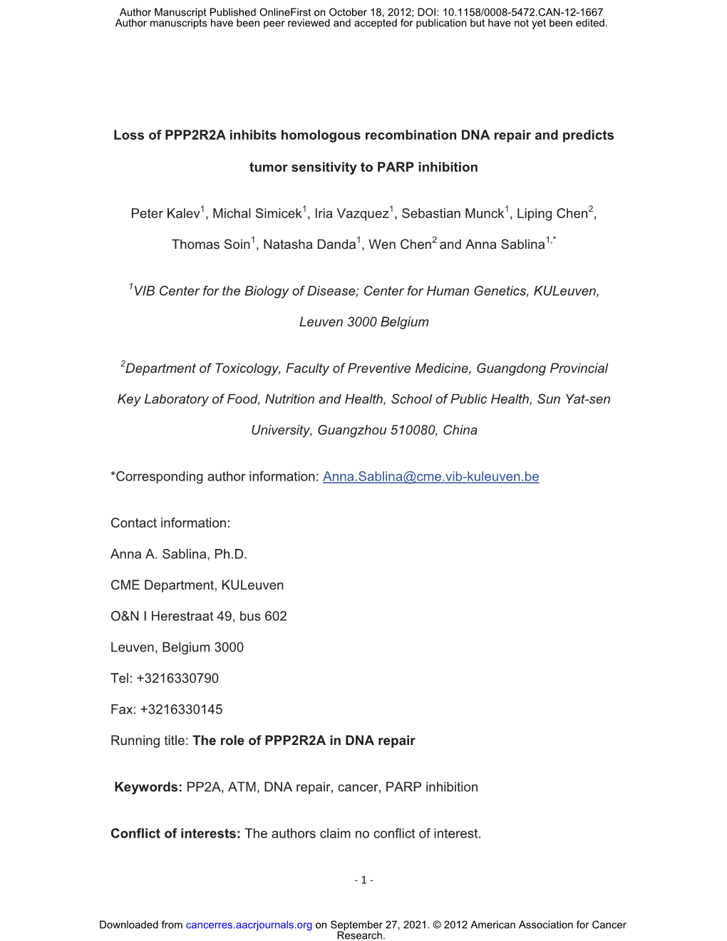 Loss of PPP2R2A Inhibits Homologous Recombination DNA Repair and Predicts