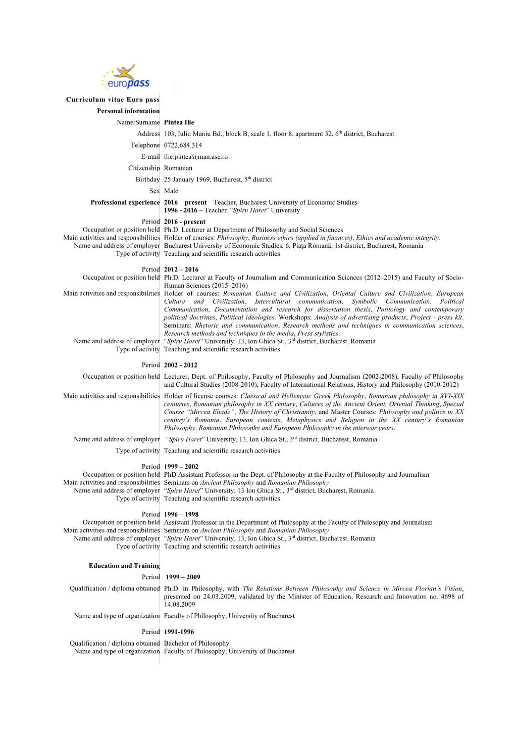 Curriculum Vitae Euro Pass Personal Information Name/Surname Pintea ...