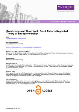 Good Judgment, Good Luck: Frank Fetter's Neglected Theory Of