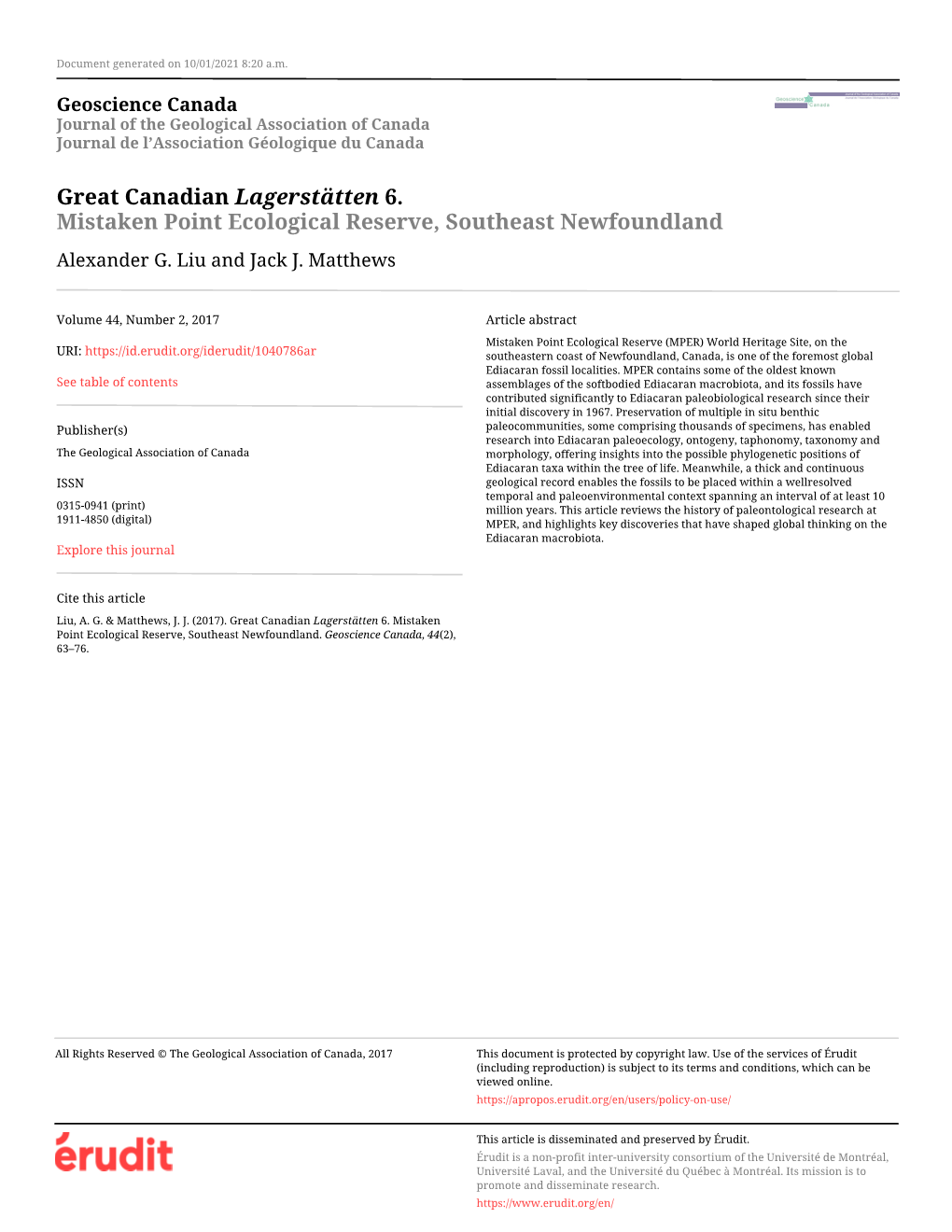 Great Canadian Lagerstätten 6. Mistaken Point Ecological Reserve, Southeast Newfoundland Alexander G