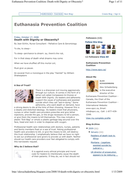 Euthanasia Prevention Coalition: Death with Dignity Or Obscenity? Page 1 of 11