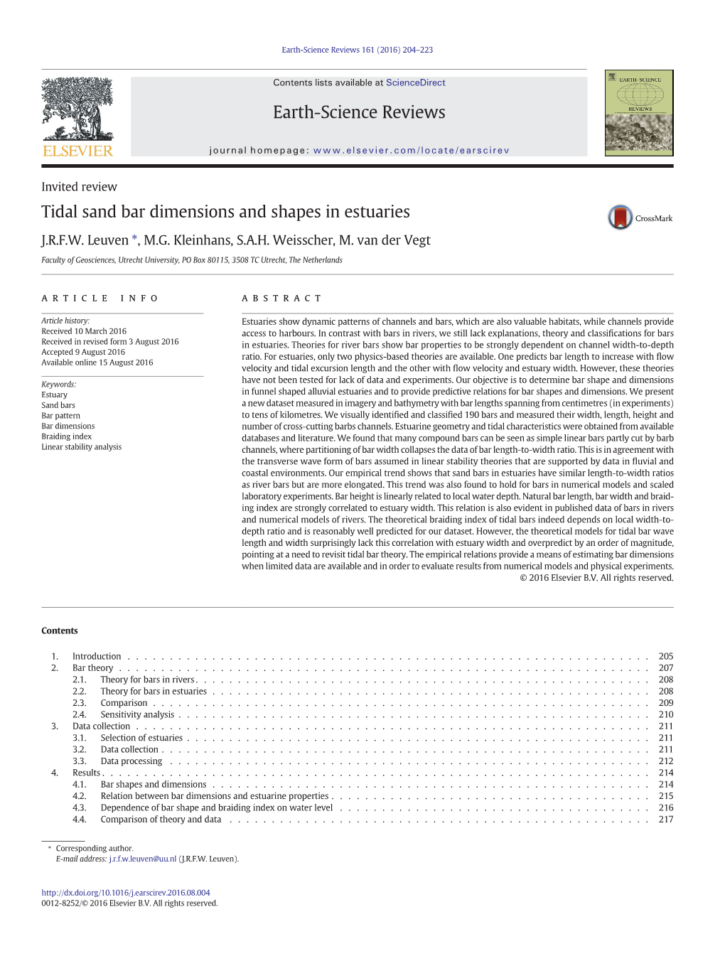 Tidal Sand Bar Dimensions and Shapes in Estuaries