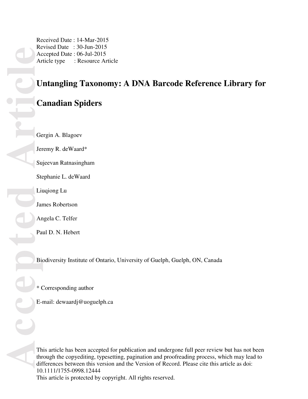 Untangling Taxonomy: a DNA Barcode Reference Library for Canadian Spiders