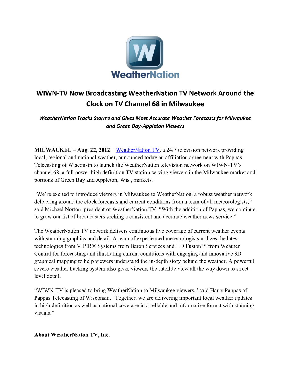 WIWN-TV Now Broadcasting Weathernation TV Network Around the Clock on TV Channel 68 in Milwaukee