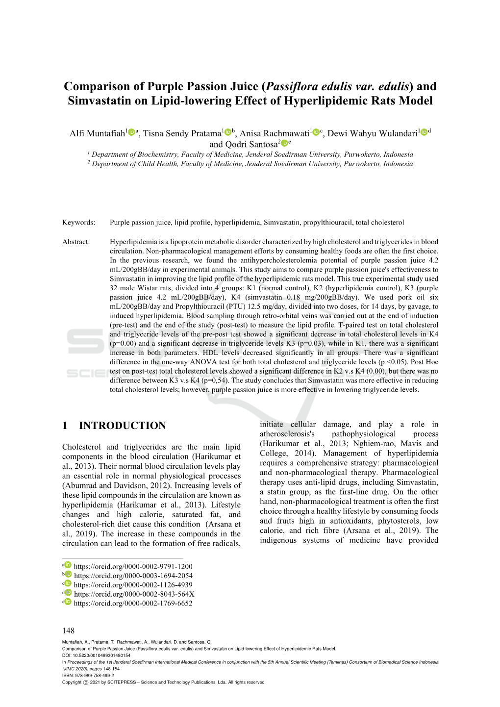 Comparison of Purple Passion Juice (Passiflora Edulis Var. Edulis) and Simvastatin on Lipid-Lowering Effect of Hyperlipidemic Rats Model