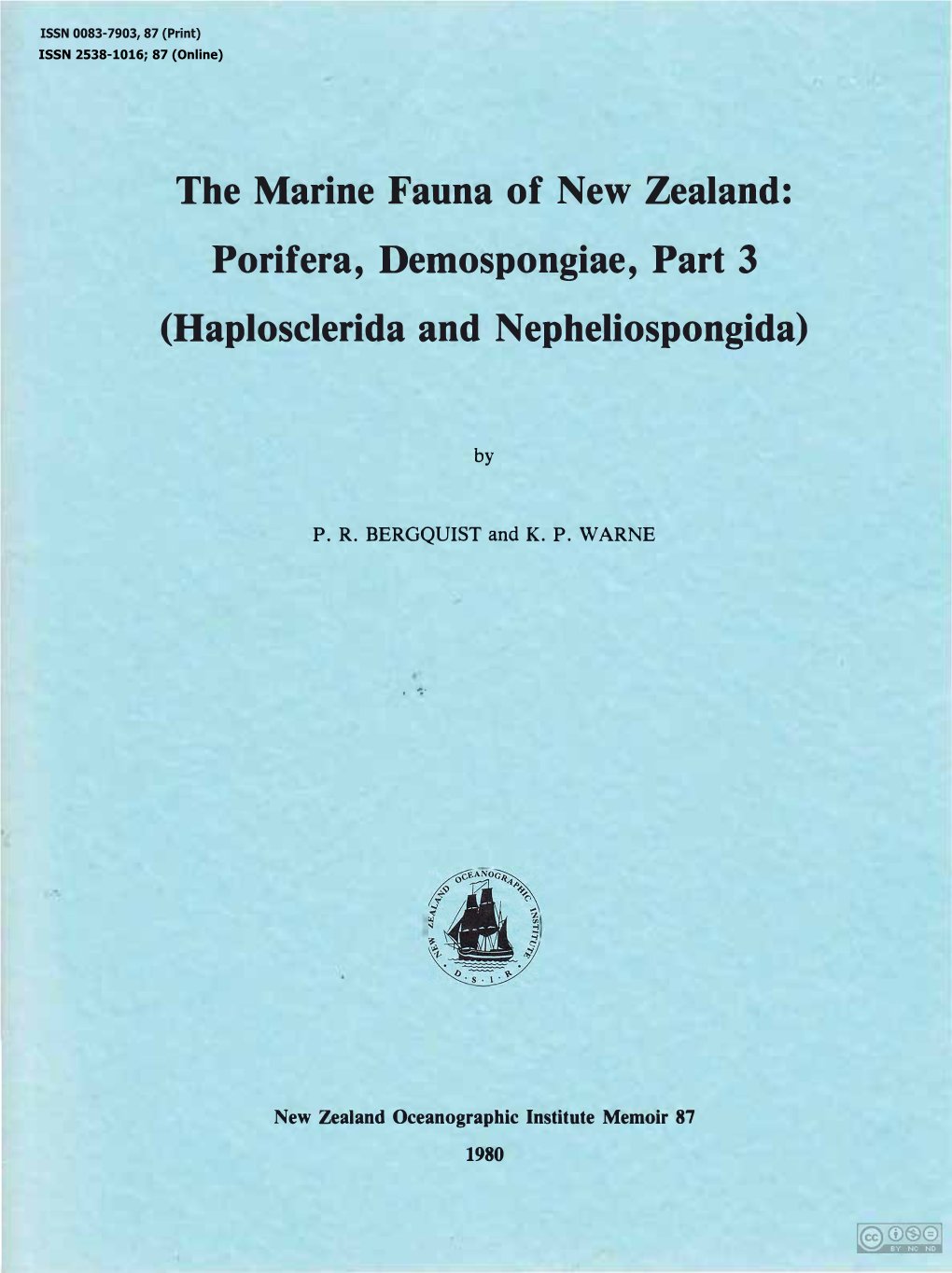 The Marine Fauna of New Zealand: Porifera, Demospongiae, Part 3 (Haplosclerida and Nepheliospongida)