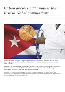 Cuban Doctors Add Another Four British Nobel Nominations