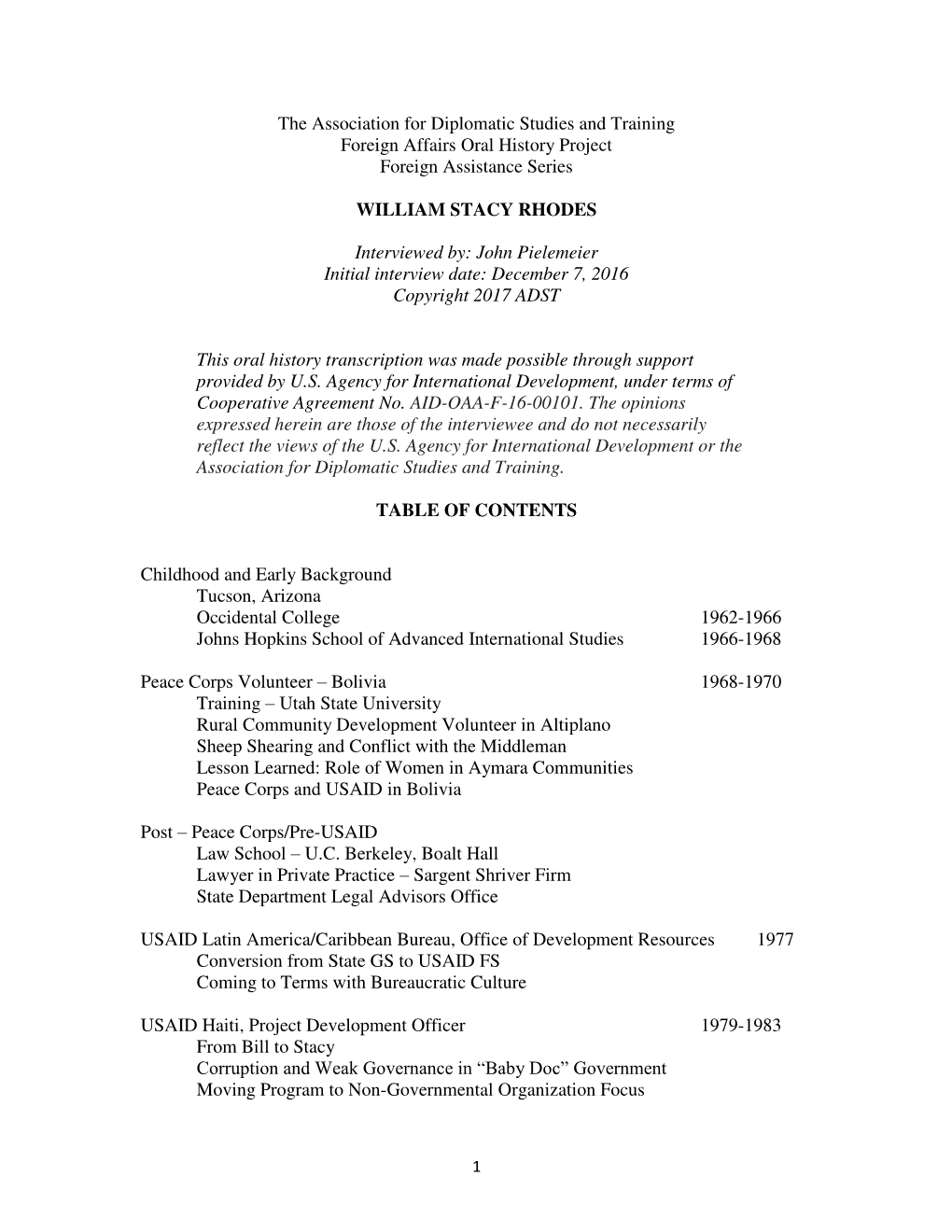 The Association for Diplomatic Studies and Training Foreign Affairs Oral History Project Foreign Assistance Series