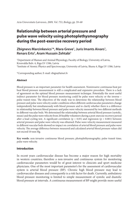 Relationship Between Arterial Pressure and Pulse Wave Velocity Using Photoplethysmography During the Post-Exercise Recovery Period