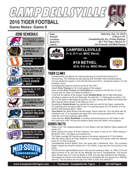 2016 TIGER FOOTBALL Game Notes: Game 6