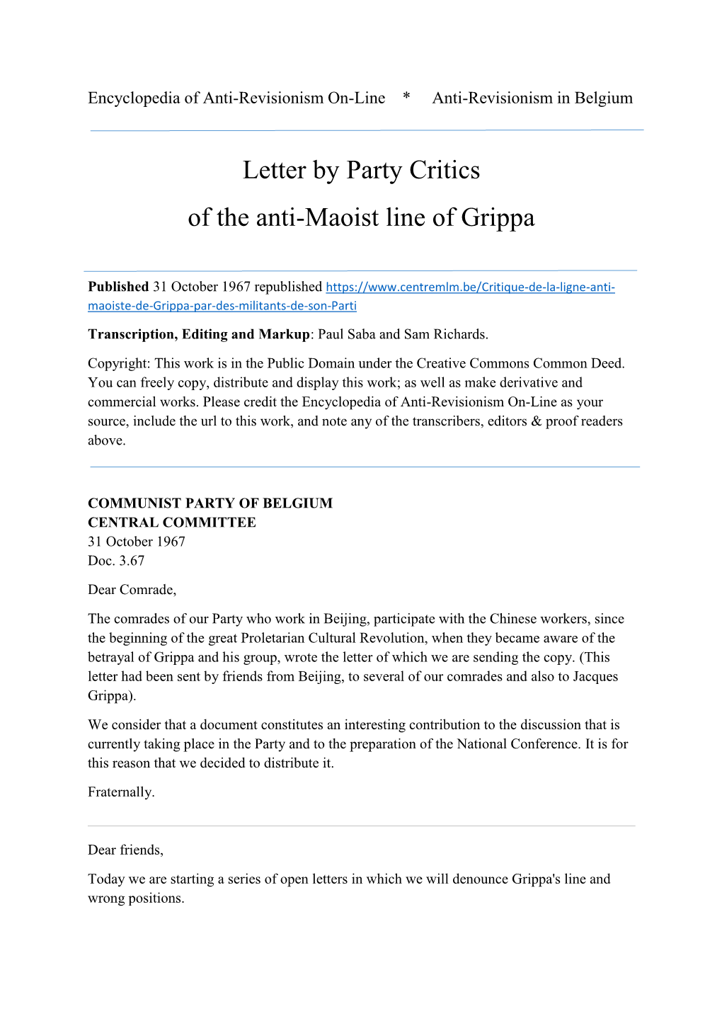 Letter by Party Critics of the Anti-Maoist Line of Grippa