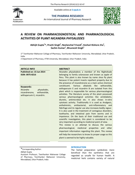 A Review on Pharmacognostical and Pharmacological Activities of Plant Nicandra Physalodes