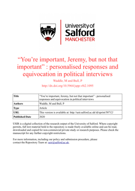 Personalised Responses and Equivocation in Political Interviews Waddle, M and Bull, P