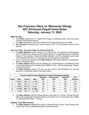 San Francisco 49Ers Vs. Minnesota Vikings NFC Divisional Playoff Game Notes Saturday, January 11, 2020