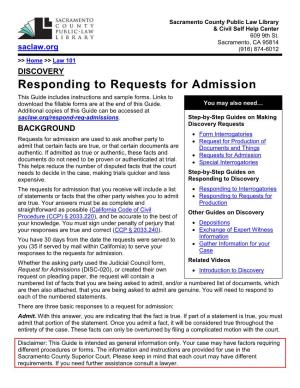 Responding to Requests for Admission This Guide Includes Instructions and Sample Forms