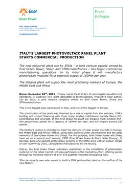Italy's Largest Photovoltaic Panel Plant Starts