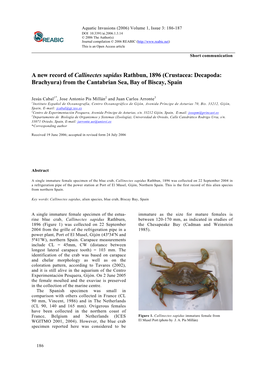 A New Record of Callinectes Sapidus Rathbun, 1896 (Crustacea: Decapoda: Brachyura) from the Cantabrian Sea, Bay of Biscay, Spain