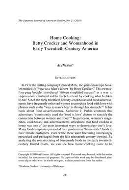 Home Cooking: Betty Crocker and Womanhood in Early Twentieth-Century America