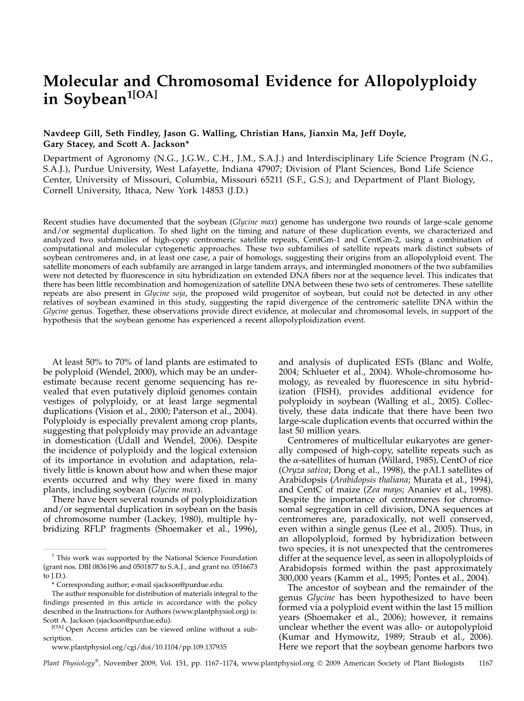 Molecular and Chromosomal Evidence for Allopolyploidy in Soybean1[OA]